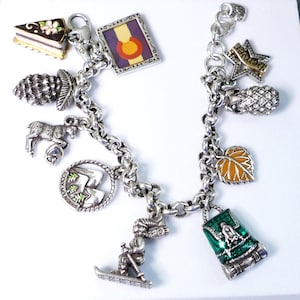 May include: A silver charm bracelet featuring various charms, including a slice of cake, a Colorado flag, a pinecone, a mountain goat, a leaf, and a skier. The charm bracelet is a travel-themed accessory.