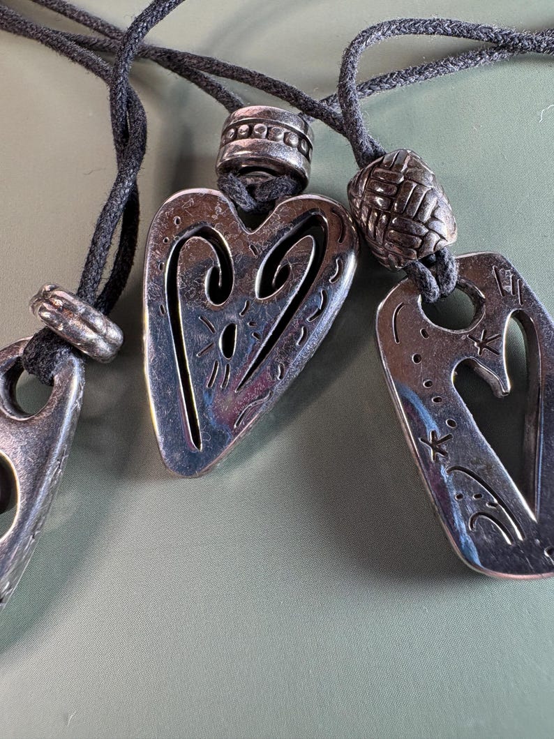 RARE Retired Brighton Brazilian Heart Necklace Triple Strand Black Cord, 3 Silver Plated Heart Charms image 9