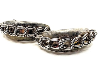 Silver-Tone Rope Edge Half Hoop Earrings | 1970s Retro Costume Jewelry