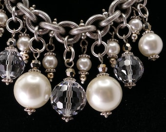 Brighton Bubble Bath Necklace Silver Tone Pearl Crystal Charm Bib Statement Necklace