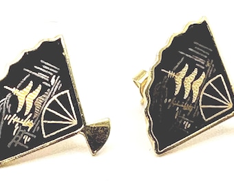 Vintage Amita Japan Gold Tone Fan Earrings 1970s Modernist Statement Earrings Signed