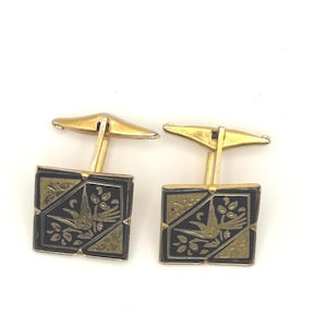 Vintage Damascene Cufflinks | Gold Floral  Toledo Style Mid- Century Jewelry