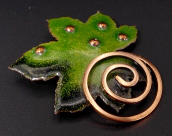 Vintage 1950's Matisse Enamel Leaf Brooch Green Copper Renoir Signed