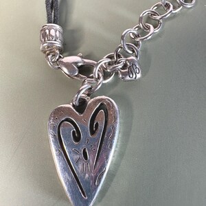 RARE Retired Brighton Brazilian Heart Necklace Triple Strand Black Cord, 3 Silver Plated Heart Charms image 6