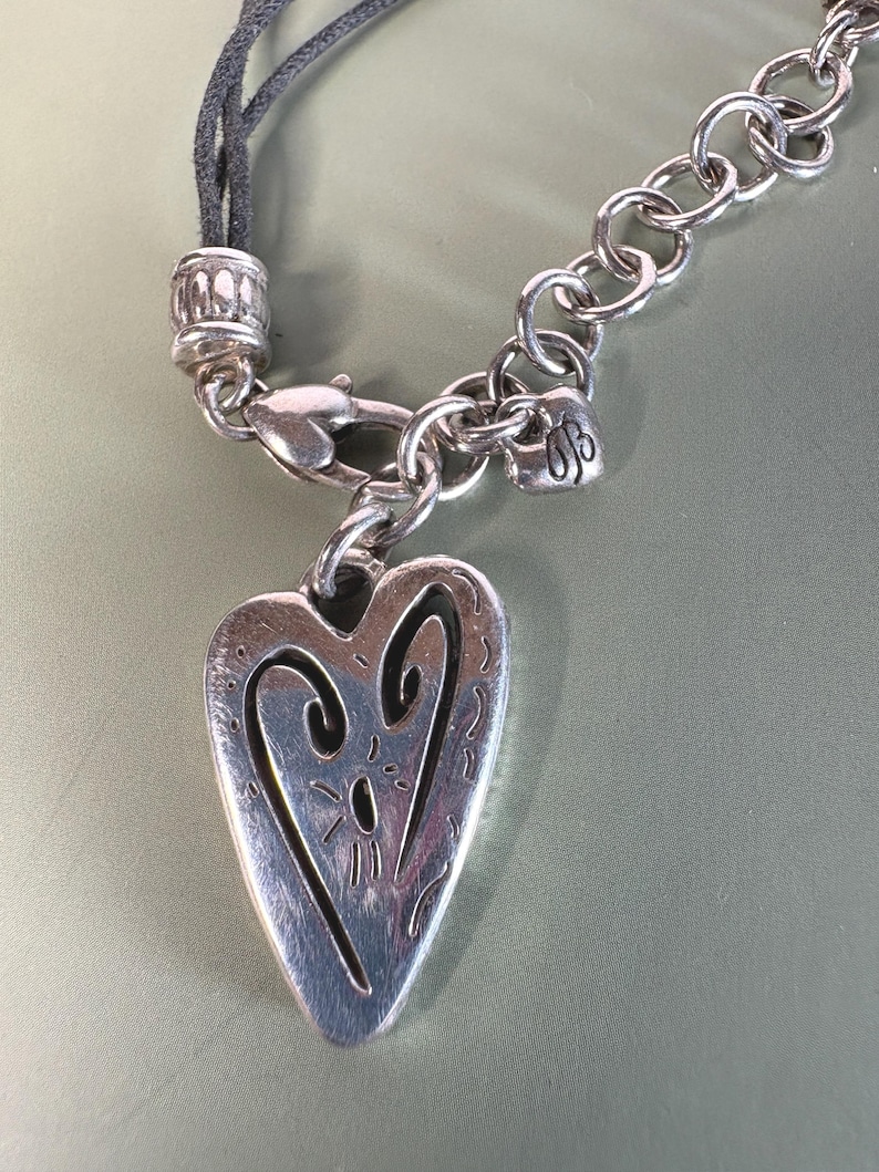 RARE Retired Brighton Brazilian Heart Necklace Triple Strand Black Cord, 3 Silver Plated Heart Charms image 6