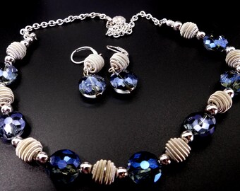 Monet Blue Crystal Necklace and Earrings Set Silver Tone Beaded Jewelry Denim Blue