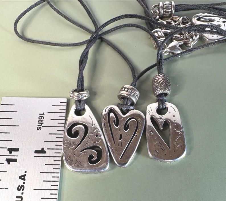 RARE Retired Brighton Brazilian Heart Necklace Triple Strand Black Cord, 3 Silver Plated Heart Charms image 5