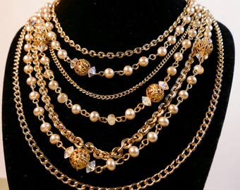 Vintage Lisner Multi-Strand Faux Pearl & Aurora Borealis Crystal Necklace