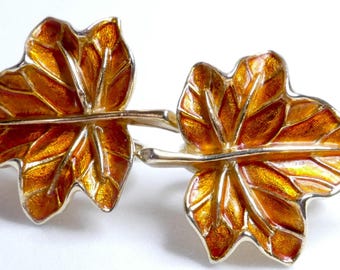 Vintage Crown Trifari Leaf Clip Earrings: Orange Enamel, Gold Tone Mid Century Foliage