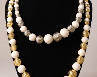 Vintage Korea Necklace Set White Lucite Bead Necklaces One Silver One Gold Beads