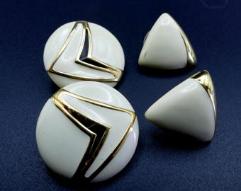 Monet White Enamel Gold-Tone Geometric Post Earring Bundle – 1980s Modernist Style
