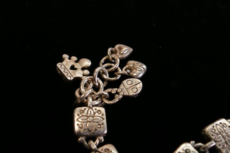 May include: Silver charm bracelet with various charms, including a crown, hearts, a ladybug, and a square charm with a floral design. The bracelet is made of linked chains and charms.