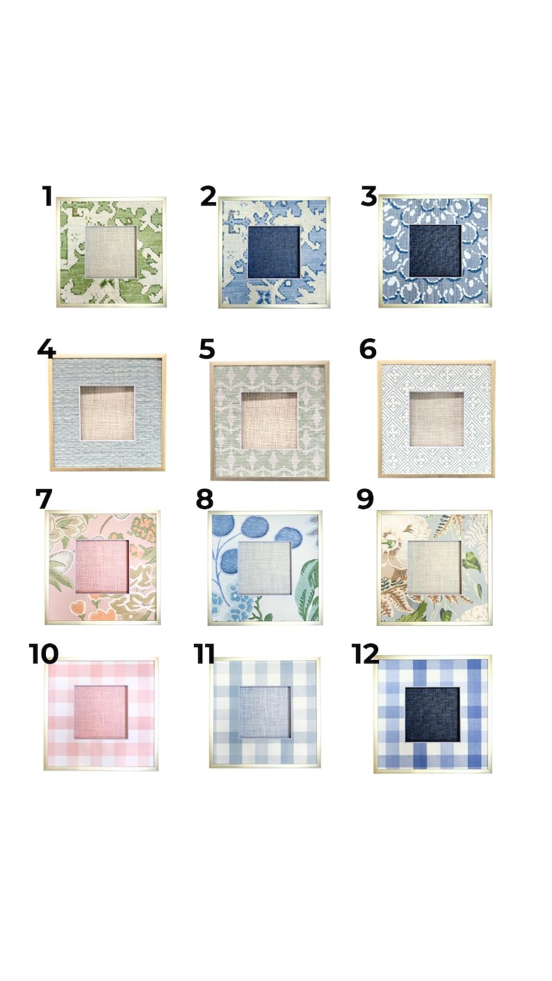 May include: A collection of twelve square picture frames with various patterned designs. The frames have a square opening in the center and are surrounded by decorative borders in colors like green, blue, pink, and white. The frames are arranged in a grid.