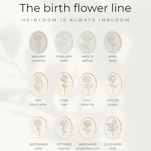 May include: A collection of twelve white oval-shaped designs, each featuring a different flower, representing birth flowers for each month. Text at the top reads "The birth flower line" and "HEIRLOOM IS ALWAYS INBLOOM".