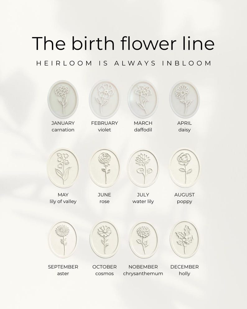 May include: A collection of twelve white oval-shaped designs, each featuring a different flower, representing birth flowers for each month. Text at the top reads "The birth flower line" and "HEIRLOOM IS ALWAYS INBLOOM".