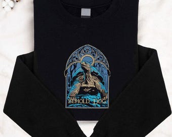 Sudadera con capucha Behold Dog bordada: estilo vidriera, sudadera con capucha para gamers
