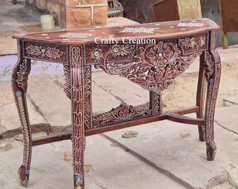 Mesa consola de madera maciza tallada a mano / Mesa de entrada rústica con arco floral indio