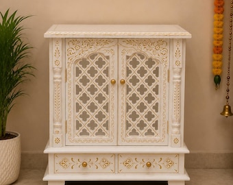 Handcrafted White Wooden Mandir  without doms Indian Home Temple with Drawer with self