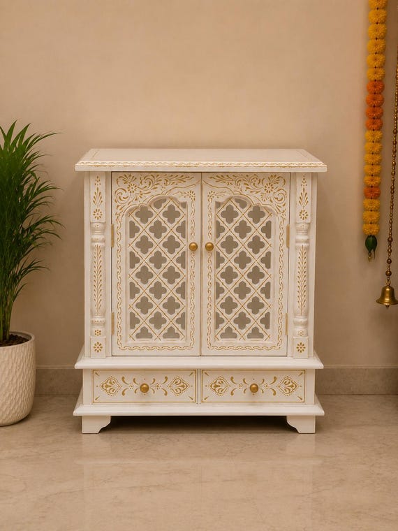 Handcrafted White Wooden Mandir  without doms Indian Home Temple with Drawer with self
