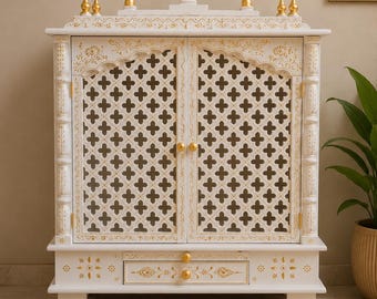 Handcrafted Wooden Temple | White & Gold Pooja Mandir with Drawer | Traditional Home Shrine Altar