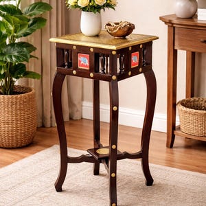 Handcrafted Wooden Side Table – Brass Inlay Top, Elephant Tile Panels, Indian Accent
