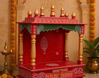 Handcrafted Red Wooden Pooja Mandir – Hand Painted Hindu Prayer Altar with Drawer