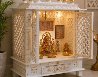 Handgemaakte houten tempel | Witte en gouden poojamandir met lade | Traditioneel huisaltaar