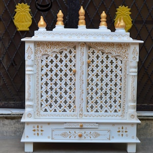 Handcrafted Wooden Temple | White & Gold Pooja Mandir with Drawer | Traditional Home Shrine Altar image 3