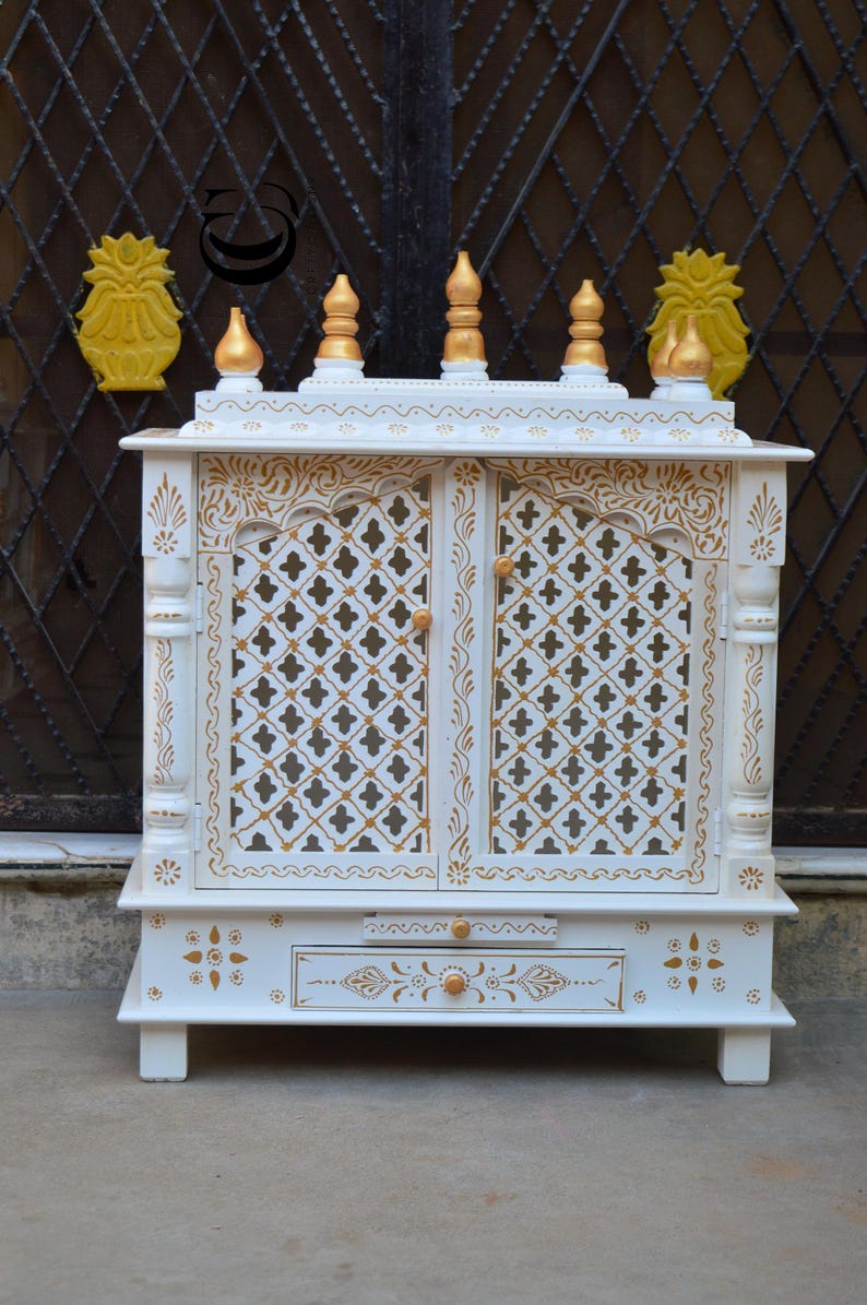 Handcrafted Wooden Temple | White & Gold Pooja Mandir with Drawer | Traditional Home Shrine Altar image 3