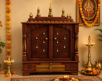 Handcrafted Wooden Home Mandir: Traditional Pooja Shrine with Brass Bells