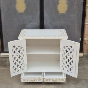 Handcrafted White Wooden Mandir without doms Indian Home Temple with Drawer with self image 6