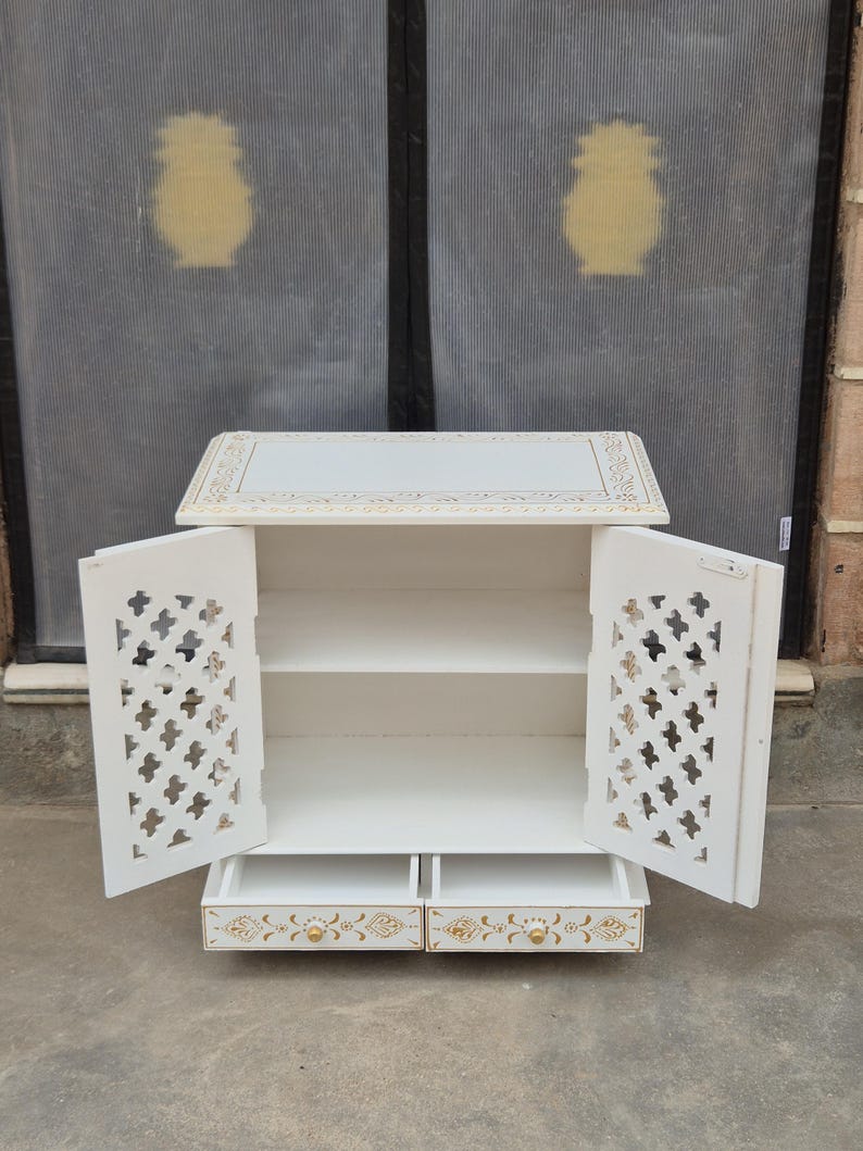 Handcrafted White Wooden Mandir without doms Indian Home Temple with Drawer with self image 6