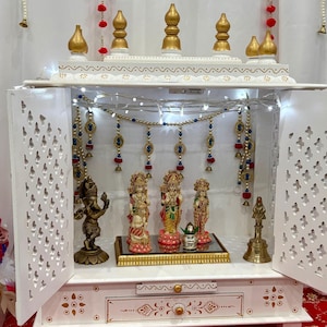 Handcrafted Wooden Temple | White & Gold Pooja Mandir with Drawer | Traditional Home Shrine Altar image 5
