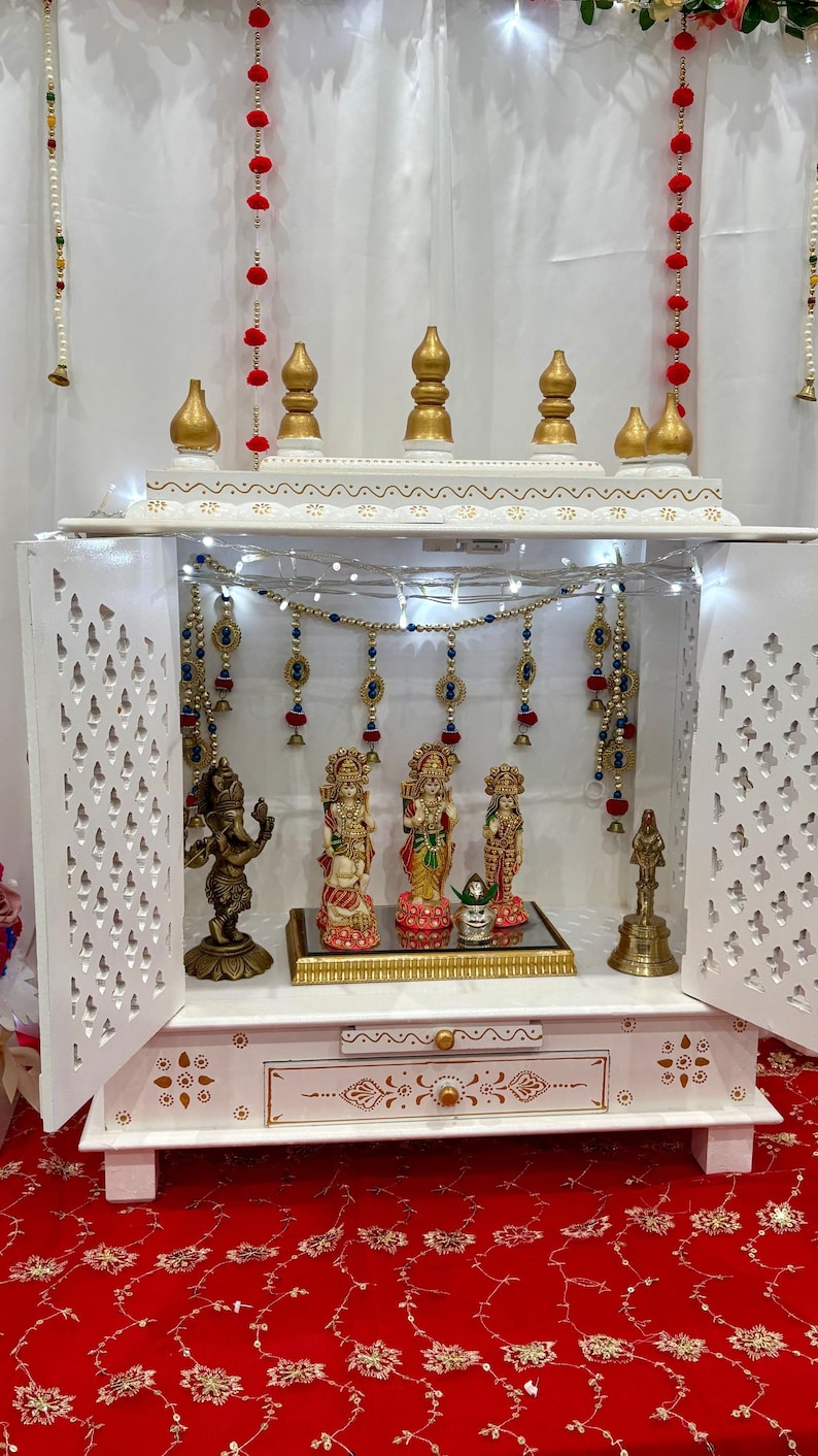 Handcrafted Wooden Temple | White & Gold Pooja Mandir with Drawer | Traditional Home Shrine Altar image 5