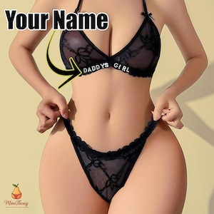 Conjunto de lingerie personalizado, sutiã e calcinha fio dental com nome personalizado, calcinha fio dental personalizada, sutiã de renda com nome personalizado e calcinha fio dental com letras e nome personalizado
