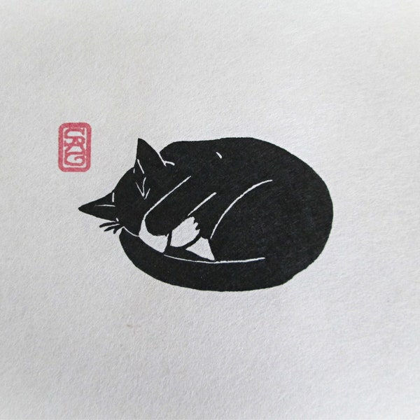 Peat Weasel Takes a Nap - Black Cat Mini Lino Print