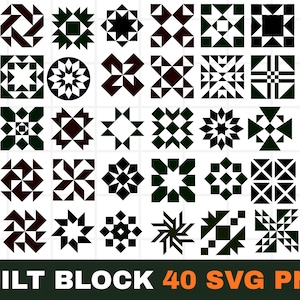 May include: A collection of 40 quilt block designs in black and white. The blocks feature various geometric patterns, including squares, triangles, and starbursts. The text "QUILT BLOCK 40 SVG PNG" is at the bottom.