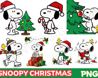 May include: A collection of Snoopy Christmas-themed illustrations. Snoopy is depicted in various festive scenes, including decorating a Christmas tree, holding a candy cane, and wearing a Santa hat. The image includes the text "SNOOPY CHRISTMAS PNG".