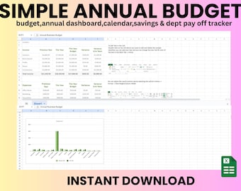 Puede incluir: Una plantilla de hoja de cálculo digital titulada SIMPLE ANNUAL BUDGET con secciones para ingresos, gastos, ahorros y pago de deudas. El diseño incluye tablas de datos, texto instructivo para editar celdas y un gráfico de barras.