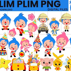 May include: Digital file with cartoon illustrations of a clown character with blue hair, red nose, and various outfits. The image includes the text "PLIM PLIM PNG" and "INSTANT DOWNLOAD DIGITAL FILES". The illustrations include a car, animals, and party hats.