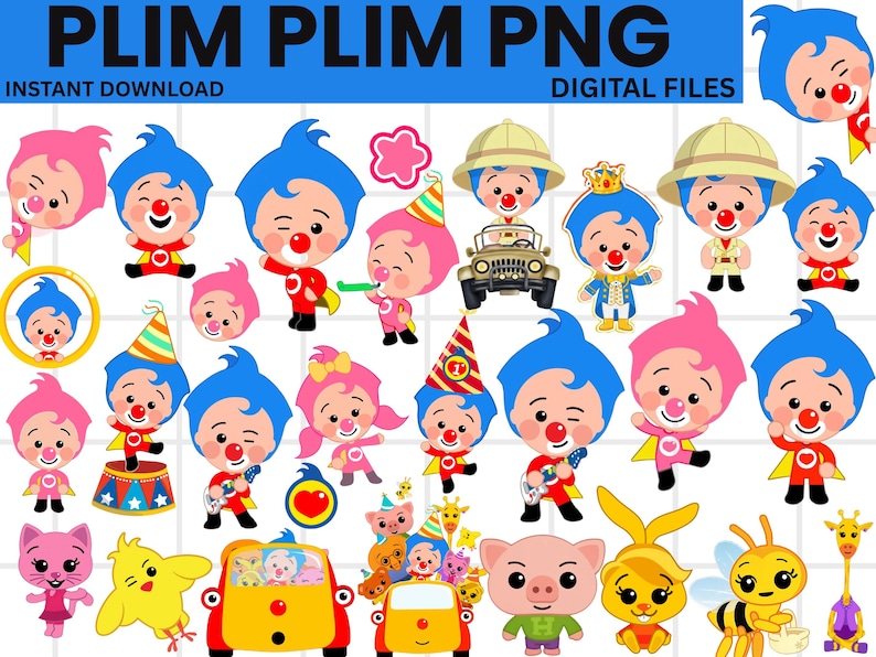 May include: Digital file with cartoon illustrations of a clown character with blue hair, red nose, and various outfits. The image includes the text "PLIM PLIM PNG" and "INSTANT DOWNLOAD DIGITAL FILES". The illustrations include a car, animals, and party hats.