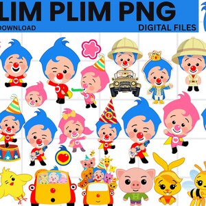 May include: Digital file featuring cartoon characters with blue hair, red noses, and clown-like features. The image includes various poses, outfits, and accessories, such as party hats, a car, and musical instruments. Text at the top reads "PLIM PLIM PNG" and "INSTANT DOWNLOAD".
