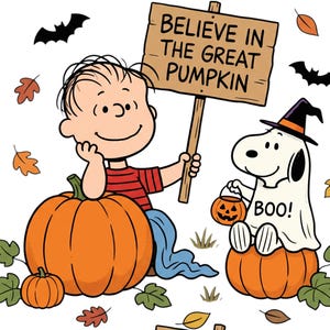 以下が含まれることがあります： 大きなオレンジ色のカボチャの横に座り、BELIEVE IN THE GREAT PUMPKINと書かれた木の看板を持つライナスの漫画イラスト。隣には、白いお化けの衣装と魔女の帽子を身につけ、小さなカボチャのバケツを持ったスヌーピーが描かれています。