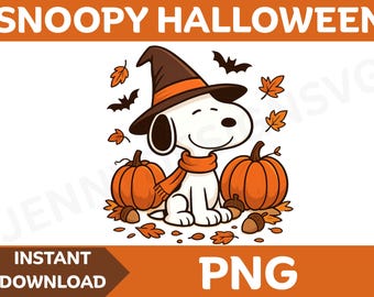 Może przedstawiać: Grafika na Halloween z Snoopy'm w kapeluszu czarownicy i pomarańczowym szaliku, otoczonym dyniami, nietoperzami i liśćmi. Zawiera tekst "SNOOPY HALLOWEEN" i "PNG".