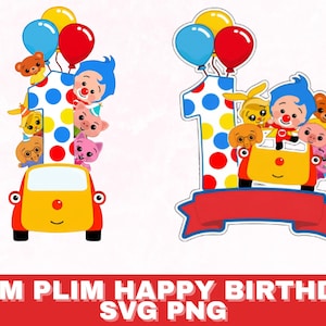 May include: A colorful birthday-themed graphic featuring the number "1" with polka dots, surrounded by cartoon characters, balloons, and a yellow car. The text "PLIM PLIM HAPPY BIRTHDAY SVG PNG" is at the bottom.