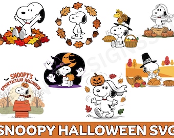 Może przedstawiać: Kolekcja ilustracji Snoopy'ego o tematyce jesiennej i halloweenowej, w tym Snoopy w liściach, z dynią, w kapeluszu czarownicy, przebrany za ducha oraz jako pielgrzym z indykiem, wraz z napisem Snoopy's Spooktacular Halloween.