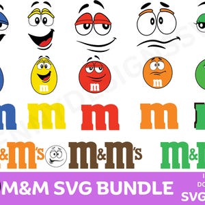 以下が含まれることがあります： さまざまなM&M'sのキャラクターとロゴが特徴のデジタルデザインバンドル。画像には、さまざまな表情のカラフルなM&M'sキャンディーと、複数の色のM&M'sロゴが含まれています。「M&M SVG BUNDLE」というテキストも表示されています。