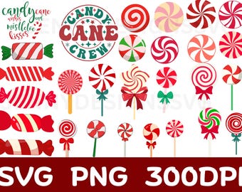 May include: A collection of Christmas-themed graphics featuring various candies, including lollipops and wrapped candies in red, white, and green. The image also includes the text "Candy Cane Crew" and "Candy Cane wishes and mistletoe kisses."