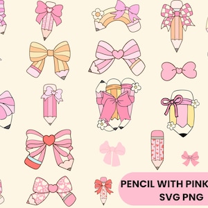 Könnte beinhalten: Eine Sammlung von rosa Schleifen und Bleistiften mit Schleifen in verschiedenen Designs. Die Bleistifte sind in Gelb-, Rosa- und Orangetönen gehalten. Der Text "PENCIL WITH PINK BOW SVG PNG" befindet sich unten im Bild.