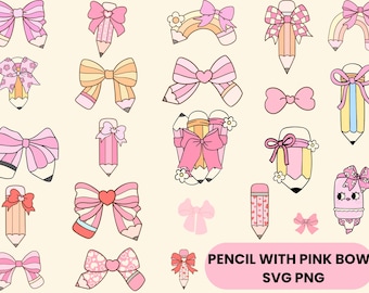 Coquette Pencil with Pink Bow, Girly SVG PNG (Digital Download)